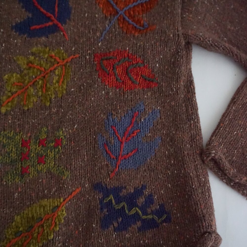 Vintage Fashion Bug Brown Autumn Fall Leaf Embroidered Button Knit Cardigan L - Picture 5 of 9